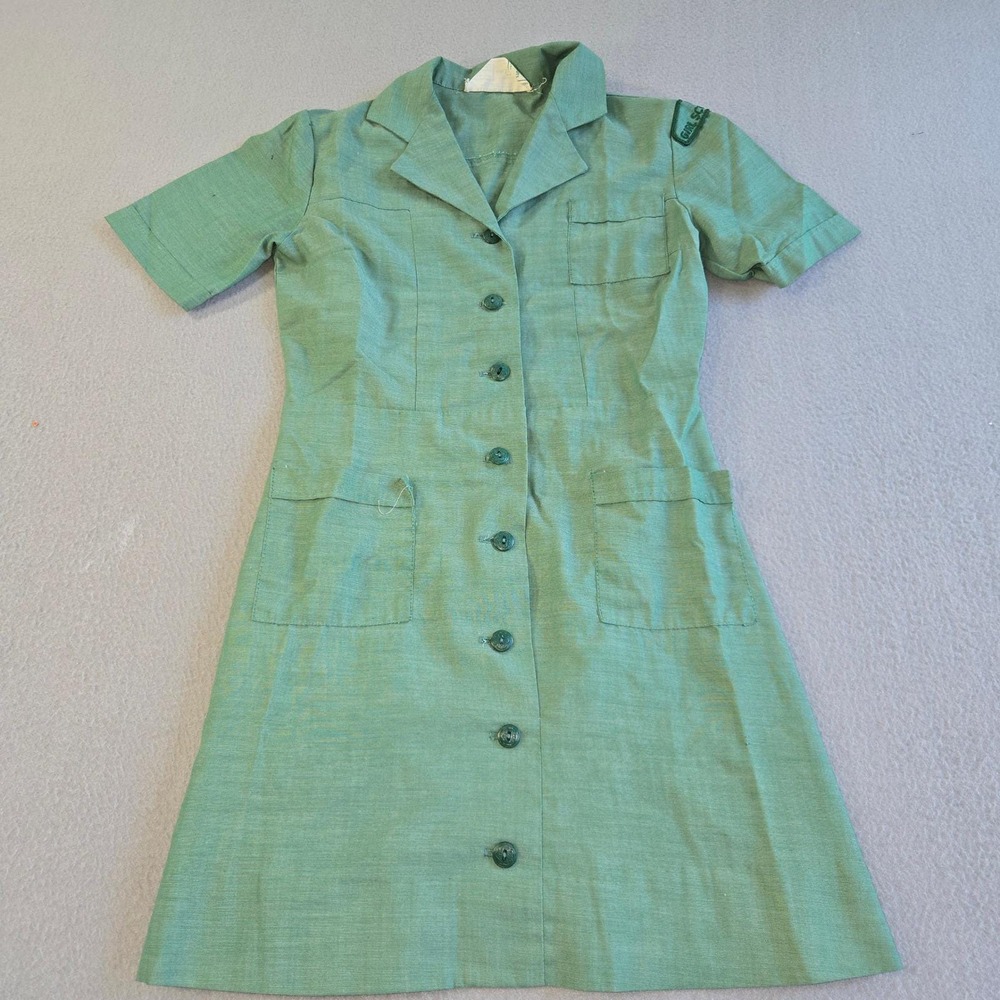 Girl Scouts Uniform Dress Girls XS Green Vintage Button Front Patch Short Sleeve